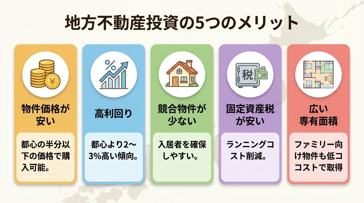タイトル: 地方不動産投資の5つのメリット。縦並び5カードで: カード1(コインのアイコン)ヘッダー: 物件価格が安い、説明: 都心の半分以下の価格で購入可能。カード2(グラフ上昇のアイコン)ヘッダー: 高利回り、説明: 都心より2〜3%高い傾向。カード3(家のアイコン)ヘッダー: 競合物件が少ない、説明: 入居者を確保しやすい。カード4(税金のアイコン)ヘッダー: 固定資産税が安い、説明: ランニングコスト削減。カード5(広い部屋のアイコン)ヘッダー: 広い専有面積、説明: ファミリー向け物件も低コストで取得