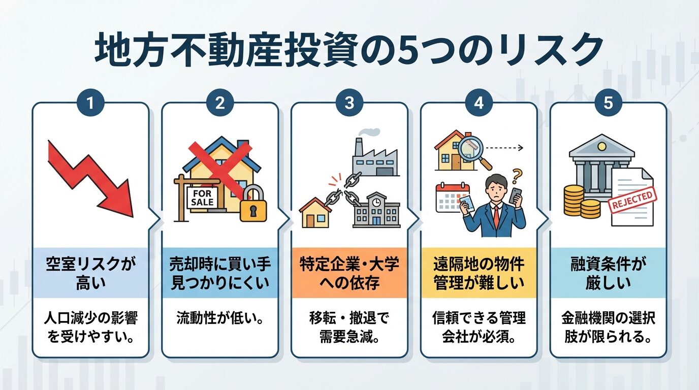 タイトル: 地方不動産投資の5つのリスク。縦並び5カードで: カード1(下向き矢印アイコン)ヘッダー: 空室リスクが高い、説明: 人口減少の影響を受けやすい。カード2(売却困難アイコン)ヘッダー: 売却時に買い手が見つかりにくい、説明: 流動性が低い。カード3(依存リスクアイコン)ヘッダー: 特定企業・大学への依存、説明: 移転・撤退で需要急減。カード4(管理困難アイコン)ヘッダー: 遠隔地の物件管理が難しい、説明: 信頼できる管理会社が必須。カード5(融資困難アイコン)ヘッダー: 融資条件が厳しい、説明: 金融機関の選択肢が限られる