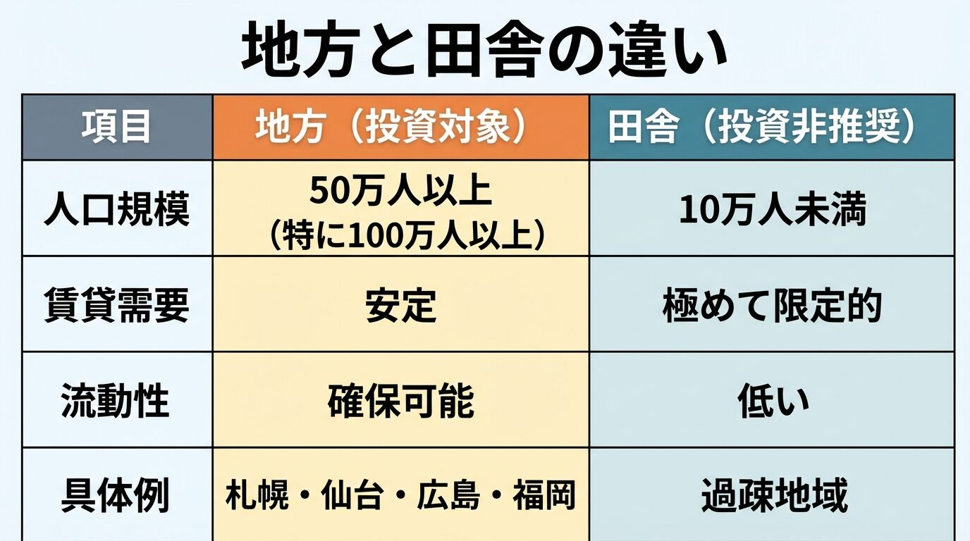 タイトル: 地方と田舎の違い。2列の比較表で: ヘッダー行: 項目 | 地方(投資対象) | 田舎(投資非推奨)。行1: 人口規模 | 50万人以上(特に100万人以上) | 10万人未満。行2: 賃貸需要 | 安定 | 極めて限定的。行3: 流動性 | 確保可能 | 低い。行4: 具体例 | 札幌・仙台・広島・福岡 | 過疎地域