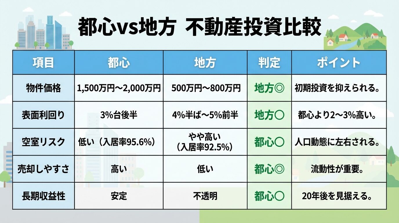 タイトル: 都心vs地方 不動産投資比較。5列の比較表で: ヘッダー行: 項目 | 都心 | 地方 | 判定 | ポイント。行1: 物件価格 | 1,500万円〜2,000万円 | 500万円〜800万円 | 地方◎ | 初期投資を抑えられる。行2: 表面利回り | 3%台後半 | 4%半ば〜5%前半 | 地方○ | 都心より2〜3%高い。行3: 空室リスク | 低い(入居率95.6%) | やや高い(入居率92.5%) | 都心○ | 人口動態に左右される。行4: 売却しやすさ | 高い | 低い | 都心◎ | 流動性が重要。行5: 長期収益性 | 安定 | 不透明 | 都心○ | 20年後を見据える