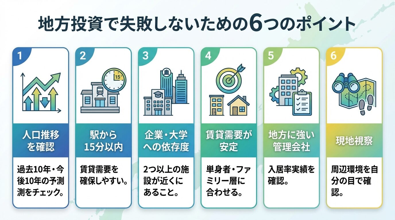 タイトル: 地方投資で失敗しないための6つのポイント。縦並び6カードで: カード1(グラフアイコン)ヘッダー: 人口推移を確認、説明: 過去10年・今後10年の予測をチェック。カード2(駅アイコン)ヘッダー: 駅から15分以内、説明: 賃貸需要を確保しやすい。カード3(ビルアイコン)ヘッダー: 企業・大学への依存度、説明: 2つ以上の施設が近くにあること。カード4(ターゲットアイコン)ヘッダー: 賃貸需要が安定、説明: 単身者・ファミリー層に合わせる。カード5(管理アイコン)ヘッダー: 地方に強い管理会社、説明: 入居率実績を確認。カード6(視察アイコン)ヘッダー: 現地視察、説明: 周辺環境を自分の目で確認