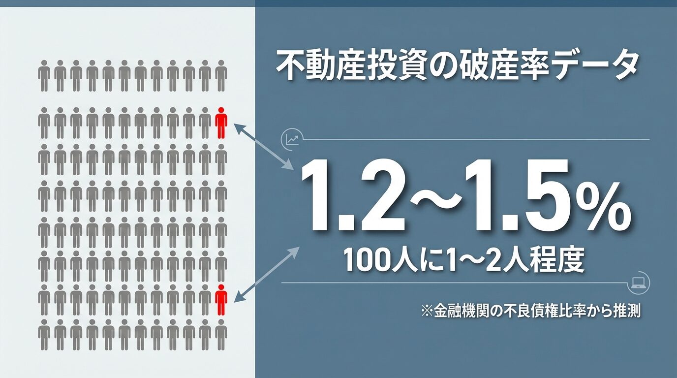 タイトル: 不動産投資の破産率データ。中央に大きく「1.2〜1.5%」の数字を配置し、その下に「100人に1〜2人程度」のサブテキスト。左側に積み上げられた100個の人型アイコン(グレー)のうち1〜2個だけを赤色で強調表示。右側に注釈テキスト「※金融機関の不良債権比率から推測」を小さく記載