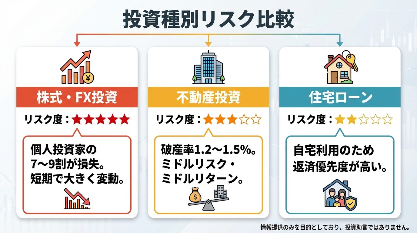 タイトル: 投資種別リスク比較。横並び3カードで: カード1(株のアイコン)ヘッダー: 株式・FX投資、リスク度: ★★★★★(5つ星)、説明: 個人投資家の7〜9割が損失。短期で大きく変動。カード2(ビルのアイコン)ヘッダー: 不動産投資、リスク度: ★★★☆☆(3つ星)、説明: 破産率1.2〜1.5%。ミドルリスク・ミドルリターン。カード3(家のアイコン)ヘッダー: 住宅ローン、リスク度: ★★☆☆☆(2つ星)、説明: 自宅利用のため返済優先度が高い