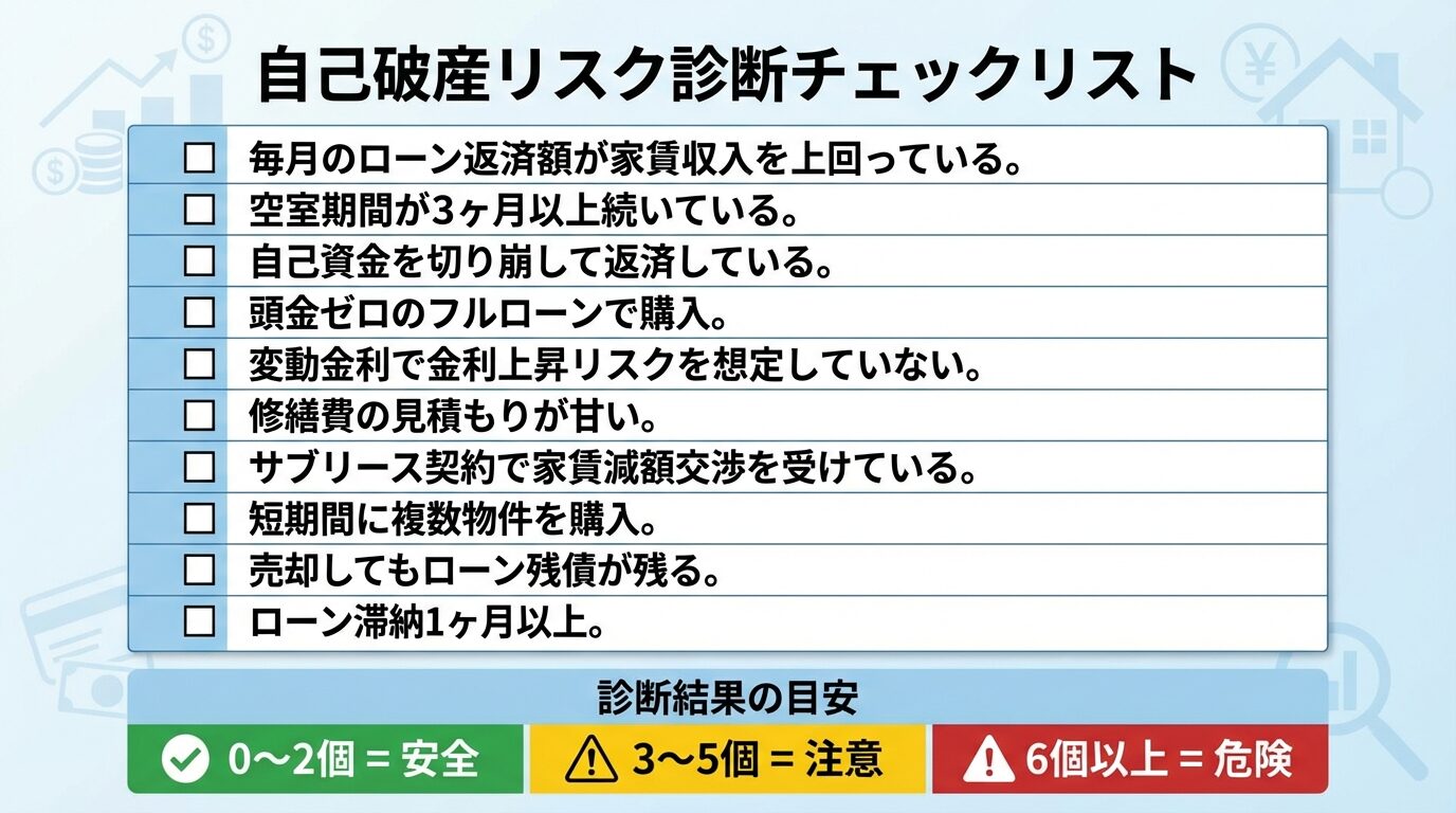 タイトル: 自己破産リスク診断チェックリスト。縦に並んだ10個のチェックボックス付き項目リスト。各項目の左にチェックボックス(□)、右に項目テキスト。項目1: 毎月のローン返済額が家賃収入を上回っている。項目2: 空室期間が3ヶ月以上続いている。項目3: 自己資金を切り崩して返済している。項目4: 頭金ゼロのフルローンで購入。項目5: 変動金利で金利上昇リスクを想定していない。項目6: 修繕費の見積もりが甘い。項目7: サブリース契約で家賃減額交渉を受けている。項目8: 短期間に複数物件を購入。項目9: 売却してもローン残債が残る。項目10: ローン滞納1ヶ月以上。下部に診断結果の目安: 0〜2個=安全、3〜5個=注意、6個以上=危険