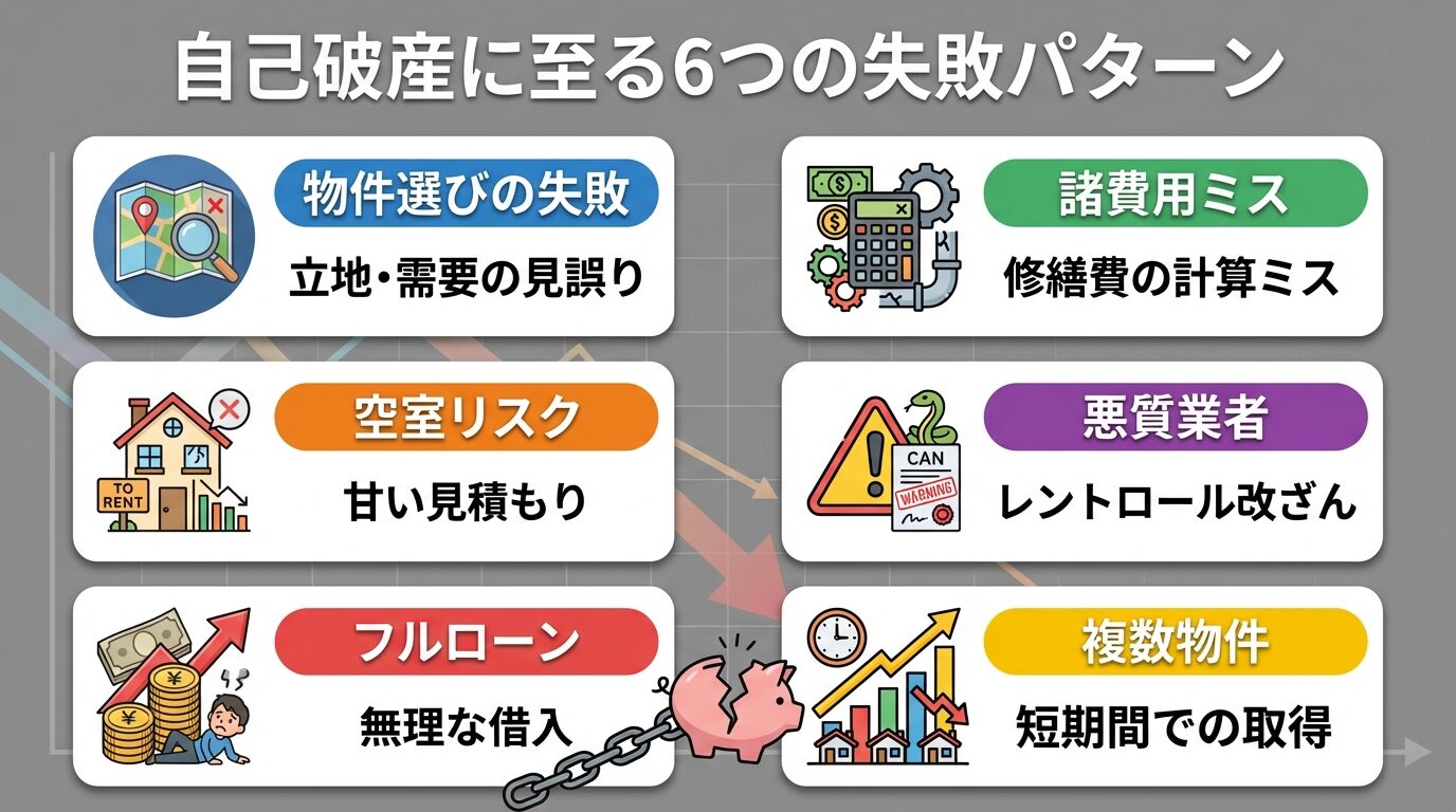 タイトル: 自己破産に至る6つの失敗パターン。6つのカードを2列×3列で配置: カード1(地図アイコン)ヘッダー: 物件選びの失敗、説明: 立地・需要の見誤り。カード2(家アイコン)ヘッダー: 空室リスク、説明: 甘い見積もり。カード3(お金アイコン)ヘッダー: フルローン、説明: 無理な借入。カード4(電卓アイコン)ヘッダー: 諸費用ミス、説明: 修繕費の計算ミス。カード5(注意アイコン)ヘッダー: 悪質業者、説明: レントロール改ざん。カード6(グラフアイコン)ヘッダー: 複数物件、説明: 短期間での取得