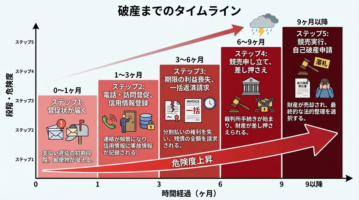 タイトル: 破産までのタイムライン。横軸に時間経過(0ヶ月〜9ヶ月以降)、縦軸に段階を示すステップ図。ステップ1(0〜1ヶ月): 督促状が届く。ステップ2(1〜3ヶ月): 電話・訪問督促、信用情報登録。ステップ3(3〜6ヶ月): 期限の利益喪失、一括返済請求。ステップ4(6〜9ヶ月): 競売申し立て、差し押さえ。ステップ5(9ヶ月以降): 競売実行、自己破産申請。各ステップを色分けし、危険度を赤色のグラデーションで表現