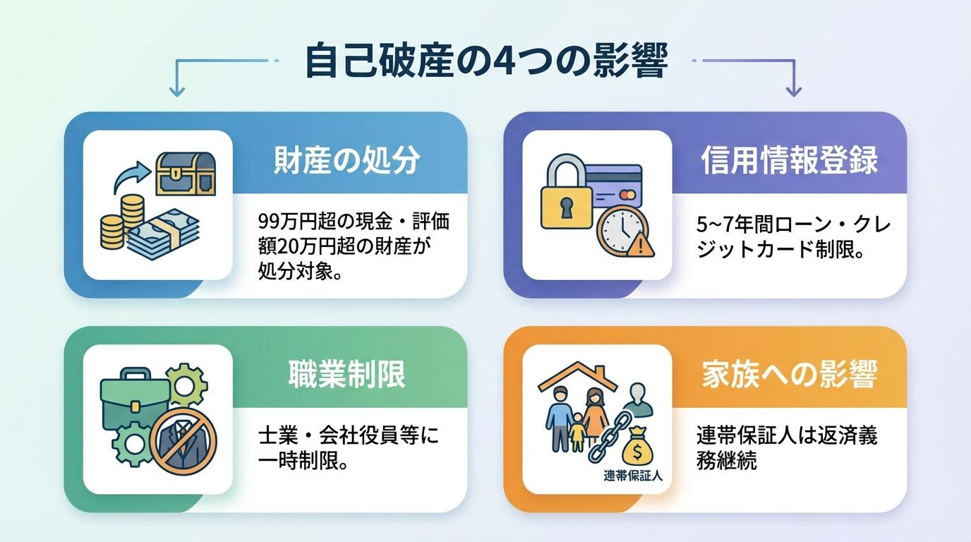 タイトル: 自己破産の4つの影響。4つのカードを2列×2列で配置: カード1(お金のアイコン)ヘッダー: 財産の処分、説明: 99万円超の現金・評価額20万円超の財産が処分対象。カード2(信用情報アイコン)ヘッダー: 信用情報登録、説明: 5〜7年間ローン・クレジットカード制限。カード3(仕事アイコン)ヘッダー: 職業制限、説明: 士業・会社役員等に一時制限。カード4(家族アイコン)ヘッダー: 家族への影響、説明: 連帯保証人は返済義務継続