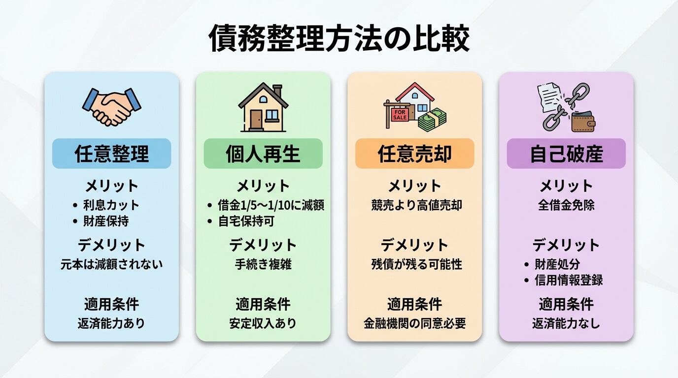 タイトル: 債務整理方法の比較。4つのカードを横並びで配置: カード1(握手アイコン)ヘッダー: 任意整理、メリット: 利息カット・財産保持、デメリット: 元本は減額されない、適用条件: 返済能力あり。カード2(家アイコン)ヘッダー: 個人再生、メリット: 借金1/5〜1/10に減額・自宅保持可、デメリット: 手続き複雑、適用条件: 安定収入あり。カード3(売却アイコン)ヘッダー: 任意売却、メリット: 競売より高値売却、デメリット: 残債が残る可能性、適用条件: 金融機関の同意必要。カード4(破産アイコン)ヘッダー: 自己破産、メリット: 全借金免除、デメリット: 財産処分・信用情報登録、適用条件: 返済能力なし