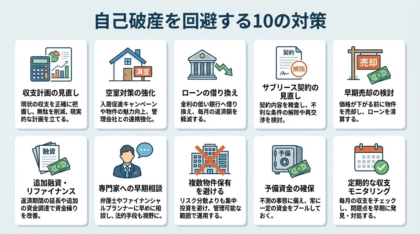 タイトル: 自己破産を回避する10の対策。10個のカードを5列×2行で配置: カード1: 収支計画の見直し。カード2: 空室対策の強化。カード3: ローンの借り換え。カード4: サブリース契約の見直し。カード5: 早期売却の検討。カード6: 追加融資・リファイナンス。カード7: 専門家への早期相談。カード8: 複数物件保有を避ける。カード9: 予備資金の確保。カード10: 定期的な収支モニタリング。各カードにアイコンと短い説明を付ける