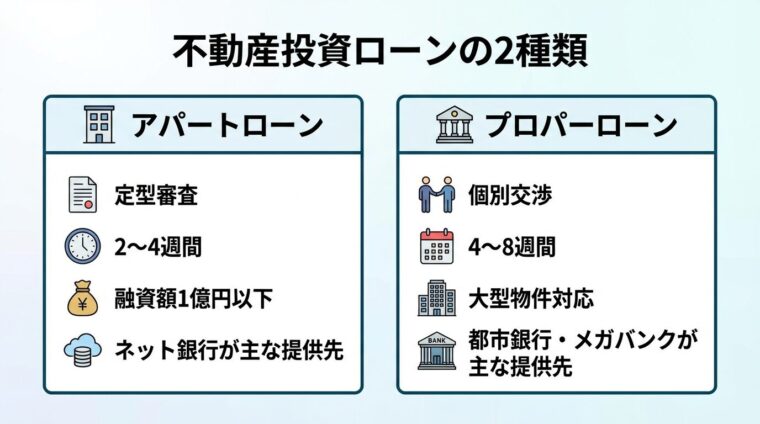 タイトル: 不動産投資ローンの2種類。横並び2カードで比較。カード1(建物アイコン)ヘッダー: アパートローン、説明: 定型審査・2〜4週間・融資額1億円以下・ネット銀行が主な提供先。カード2(銀行アイコン)ヘッダー: プロパーローン、説明: 個別交渉・4〜8週間・大型物件対応・都市銀行・メガバンクが主な提供先