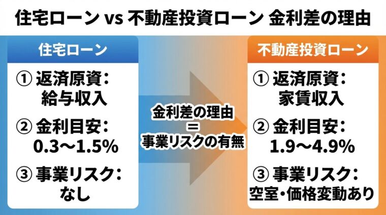 タイトル: 住宅ローン vs 不動産投資ローン 金利差の理由。2列比較図。左列(青背景): 住宅ローン、返済原資: 給与収入、金利目安: 0.3〜1.5%、事業リスク: なし。右列(オレンジ背景): 不動産投資ローン、返済原資: 家賃収入、金利目安: 1.9〜4.9%、事業リスク: 空室・価格変動あり。中央に「金利差の理由 = 事業リスクの有無」と矢印