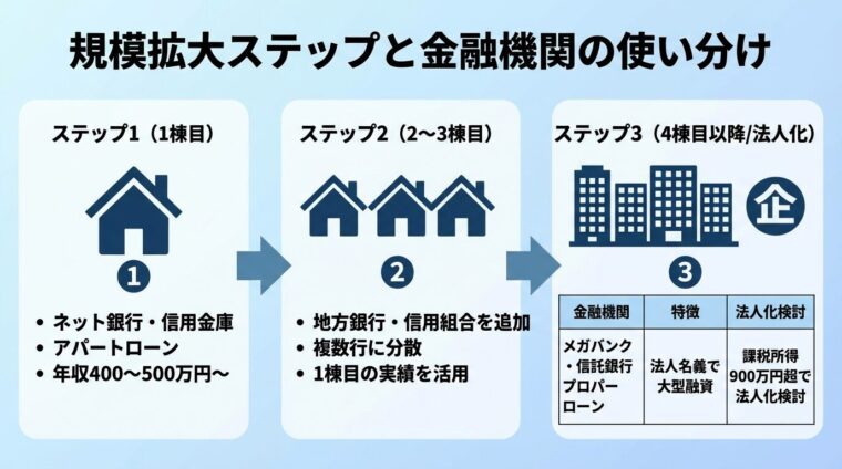 タイトル: 規模拡大ステップと金融機関の使い分け。3ステップのフロー図。ステップ1(1棟目): ネット銀行・信用金庫、アパートローン、年収400〜500万円〜。矢印。ステップ2(2〜3棟目): 地方銀行・信用組合を追加、複数行に分散、1棟目の実績を活用。矢印。ステップ3(4棟目以降/法人化): メガバンク・信託銀行・プロパーローン、法人名義で大型融資、課税所得900万円超で法人化検討