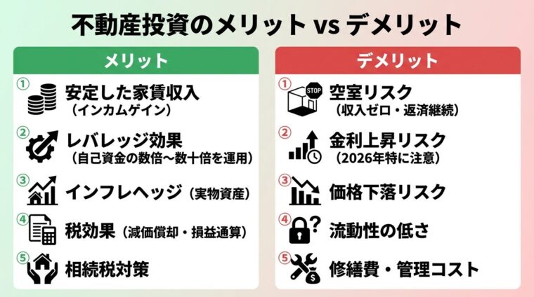 タイトル: 不動産投資のメリット vs デメリット。左右2カラム対比レイアウト。左カラム(緑背景)メリット: ①安定した家賃収入(インカムゲイン)②レバレッジ効果(自己資金の数倍〜数十倍を運用)③インフレヘッジ(実物資産)④税効果(減価償却・損益通算)⑤相続税対策。右カラム(赤背景)デメリット: ①空室リスク(収入ゼロ・返済継続)②金利上昇リスク(2026年特に注意)③価格下落リスク④流動性の低さ⑤修繕費・管理コスト