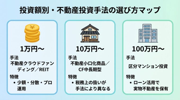タイトル: 投資額別・不動産投資手法の選び方マップ。横並び3カードで構成。カード1（コインのアイコン）ヘッダー: 1万円〜、手法: 不動産クラウドファンディング／REIT、特徴: 少額・分散・プロ運用。カード2（家のアイコン）ヘッダー: 10万円〜、手法: 不動産小口化商品／CF中長期型、特徴: 税務上の扱いが手法により異なる。カード3（ビルのアイコン）ヘッダー: 100万円〜、手法: 区分マンション投資、特徴: ローン活用で実物不動産を保有