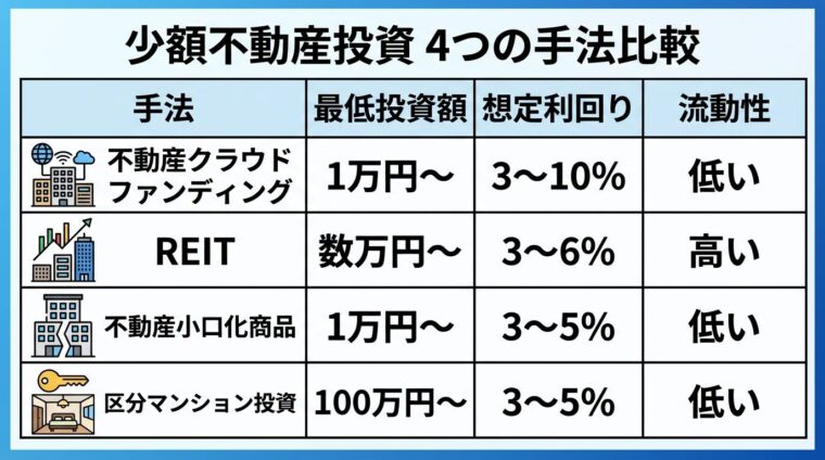 タイトル: 少額不動産投資 4つの手法比較。4列の表。ヘッダー行: 手法 | 最低投資額 | 想定利回り | 流動性。行1: 不動産クラウドファンディング | 1万円〜 | 3〜10% | 低い。行2: REIT | 数万円〜 | 3〜6% | 高い。行3: 不動産小口化商品 | 1万円〜 | 3〜5% | 低い。行4: 区分マンション投資 | 100万円〜 | 3〜5% | 低い。各行に特徴アイコン付き