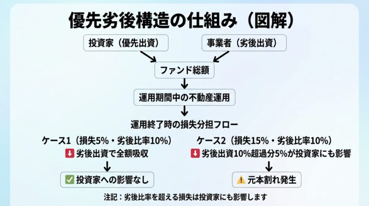 タイトル: 優先劣後構造の仕組み（図解）。縦フロー図。上部: 投資家（優先出資）＋事業者（劣後出資）&rarr;ファンド総額。中部: 運用期間中の不動産運用。下部: 運用終了時の損失分担フロー。ケース1（損失5%・劣後比率10%）&rarr;劣後出資で全額吸収&rarr;投資家への影響なし。ケース2（損失15%・劣後比率10%）&rarr;劣後出資10%超過分5%が投資家にも影響&rarr;元本割れ発生。注記: 劣後比率を超える損失は投資家にも影響します