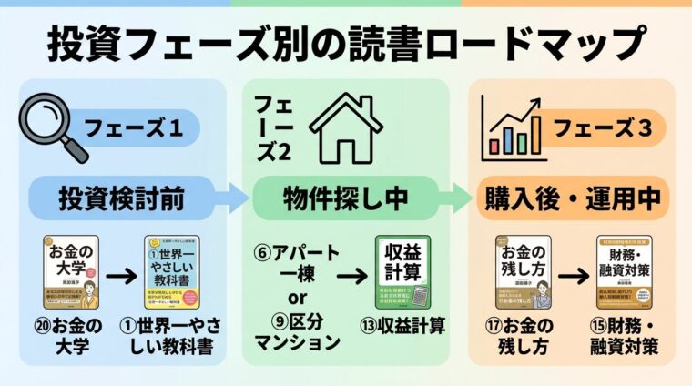 不動産投資の学習ロードマップ。タイトル: 投資フェーズ別の読書ロードマップ。3段階の横フロー図: フェーズ1（虫眼鏡アイコン）ヘッダー: 投資検討前、書籍例: ⑳お金の大学 &rarr; ①世界一やさしい教科書。フェーズ2（家アイコン）ヘッダー: 物件探し中、書籍例: ⑥アパート一棟 or ⑨区分マンション &rarr; ⑬収益計算。フェーズ3（グラフアイコン）ヘッダー: 購入後・運用中、書籍例: ⑰お金の残し方 &rarr; ⑮財務・融資対策
