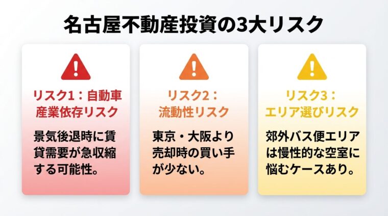 タイトル: 名古屋不動産投資の3大リスク。縦並び3行のリスクカード。行1(警告アイコン・赤)リスク1: 自動車産業依存リスク、説明: 景気後退時に賃貸需要が急収縮する可能性。行2(警告アイコン・オレンジ)リスク2: 流動性リスク、説明: 東京・大阪より売却時の買い手が少ない。行3(警告アイコン・黄)リスク3: エリア選びリスク、説明: 郊外バス便エリアは慢性的な空室に悩むケースあり
