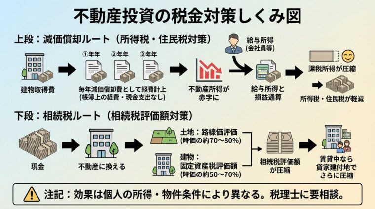 タイトル: 不動産投資の税金対策しくみ図。2段構成のフロー図。上段(減価償却ルート): 建物取得費 → 毎年減価償却費として経費計上(帳簿上の経費・現金支出なし)→ 不動産所得が赤字に → 給与所得と損益通算 → 課税所得が圧縮 → 所得税・住民税が軽減。下段(相続税ルート): 現金 → 不動産に換える → 相続税評価額が圧縮(土地: 路線価評価 時価の約70〜80%、建物: 固定資産税評価額 時価の約50〜70%)→ 賃貸中なら貸家建付地でさらに圧縮。注記: 効果は個人の所得・物件条件により異なる。税理士に要相談
