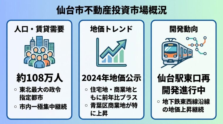 仙台市の不動産投資市場の概況インフォグラフィック。3つのカードで構成: カード1（人口アイコン）タイトル: 人口・賃貸需要、内容: 約108万人・東北最大の政令指定都市・市内一極集中継続。カード2（グラフアイコン）タイトル: 地価トレンド、内容: 2024年地価公示・住宅地・商業地ともに前年比プラス・青葉区商業地が特に上昇。カード3（電車アイコン）タイトル: 開発動向、内容: 仙台駅東口再開発進行中・地下鉄東西線沿線の地価上昇継続