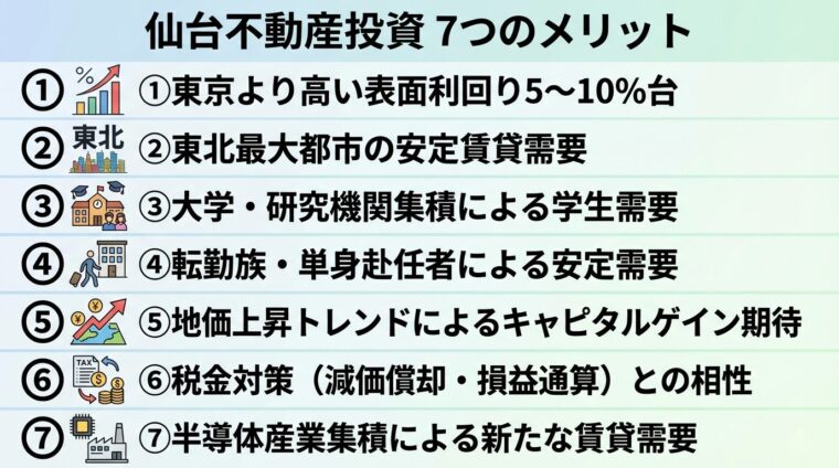 仙台不動産投資の7つのメリットを示すインフォグラフィック。縦並びリスト形式: ①東京より高い表面利回り5〜10%台 ②東北最大都市の安定賃貸需要 ③大学・研究機関集積による学生需要 ④転勤族・単身赴任者による安定需要 ⑤地価上昇トレンドによるキャピタルゲイン期待 ⑥税金対策（減価償却・損益通算）との相性 ⑦半導体産業集積による新たな賃貸需要