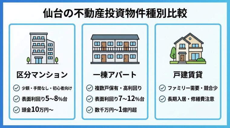 仙台の不動産投資物件種別比較。横並び3カードで構成: カード1（マンションアイコン）タイトル: 区分マンション、内容: 少額・手間なし・初心者向け、表面利回り5〜8%台、頭金10万円〜。カード2（アパートアイコン）タイトル: 一棟アパート、内容: 複数戸保有・高利回り、表面利回り7〜12%台、数千万円〜1億円超。カード3（戸建アイコン）タイトル: 戸建賃貸、内容: ファミリー需要・競合少、長期入居・修繕費注意
