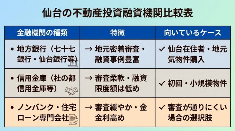 仙台の不動産投資融資機関の比較表。3列の表: ヘッダー行: 金融機関の種類 | 特徴 | 向いているケース。行1: 地方銀行（七十七銀行・仙台銀行等） | 地元密着審査・融資事例豊富 | 仙台在住者・地元物件購入。行2: 信用金庫（杜の都信用金庫等） | 審査柔軟・融資限度額は低め | 初回・小規模物件。行3: ノンバンク・住宅ローン専門会社 | 審査緩やか・金利高め | 審査が通りにくい場合の選択肢