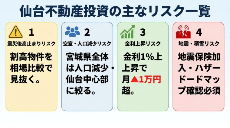 仙台不動産投資の主なリスク一覧インフォグラフィック。4つのリスクカードを横並び: カード1（警告アイコン）タイトル: 震災後高止まりリスク、内容: 割高物件を相場比較で見抜く。カード2（人口アイコン）タイトル: 空室・人口減少リスク、内容: 宮城県全体は人口減少・仙台中心部に絞る。カード3（グラフアイコン）タイトル: 金利上昇リスク、内容: 金利1%上昇で月▲1万円超。カード4（地震アイコン）タイトル: 地震・積雪リスク、内容: 地震保険加入・ハザードマップ確認必須
