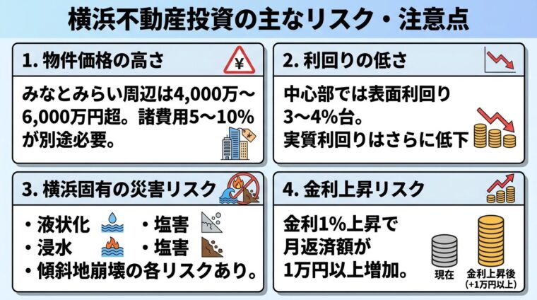 タイトル: 横浜不動産投資の主なリスク・注意点。4つのリスクカードを2×2グリッドで表示: カード1(円マーク警告アイコン)ヘッダー: 物件価格の高さ、説明: みなとみらい周辺は4,000万〜6,000万円超。諸費用5〜10%が別途必要。カード2(グラフ下降アイコン)ヘッダー: 利回りの低さ、説明: 中心部では表面利回り3〜4%台。実質利回りはさらに低下。カード3(波・炎アイコン)ヘッダー: 横浜固有の災害リスク、説明: 液状化・浸水・塩害・傾斜地崩壊の各リスクあり。カード4(金利上昇グラフアイコン)ヘッダー: 金利上昇リスク、説明: 金利1%上昇で月返済額が1万円以上増加