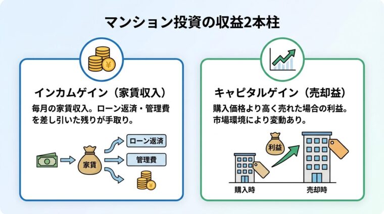 タイトル: マンション投資の収益2本柱。横並び2カード構成。カード1（コインアイコン）ヘッダー: インカムゲイン（家賃収入）、説明: 毎月の家賃収入。ローン返済・管理費を差し引いた残りが手取り。カード2（グラフ上昇アイコン）ヘッダー: キャピタルゲイン（売却益）、説明: 購入価格より高く売れた場合の利益。市場環境により変動あり。