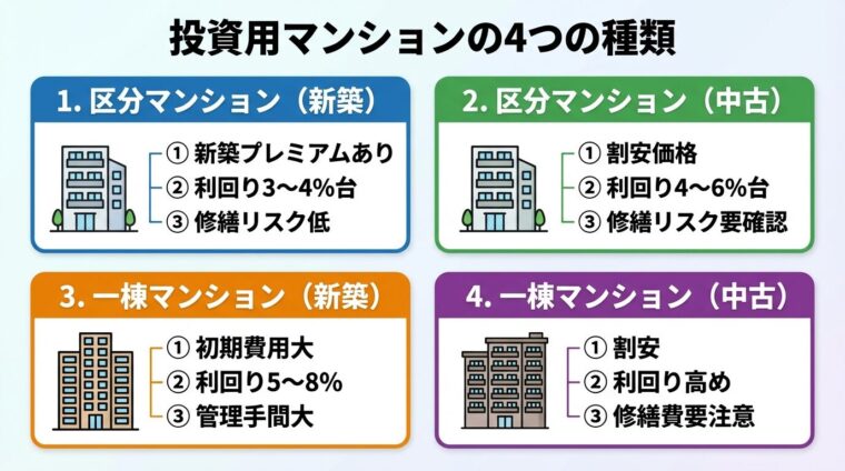 タイトル: 投資用マンションの4つの種類。2&times;2グリッド構成。左上カード（ビルアイコン）: 区分マンション（新築）、特徴: 新築プレミアムあり・利回り3〜4%台・修繕リスク低。右上カード（ビルアイコン）: 区分マンション（中古）、特徴: 割安価格・利回り4〜6%台・修繕リスク要確認。左下カード（大きいビルアイコン）: 一棟マンション（新築）、特徴: 初期費用大・利回り5〜8%・管理手間大。右下カード（大きいビルアイコン）: 一棟マンション（中古）、特徴: 割安・利回り高め・修繕費要注意。