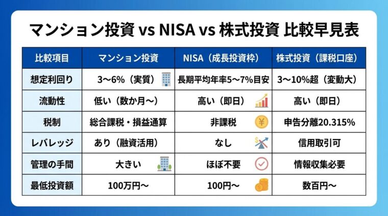 タイトル: マンション投資 vs NISA vs 株式投資 比較早見表。6行3列の表形式。ヘッダー行: 比較項目 | マンション投資 | NISA（成長投資枠）| 株式投資（課税口座）。行1: 想定利回り | 3〜6%（実質）| 長期平均年率5〜7%目安 | 3〜10%超（変動大）。行2: 流動性 | 低い（数か月〜） | 高い（即日） | 高い（即日）。行3: 税制 | 総合課税・損益通算 | 非課税 | 申告分離20.315%。行4: レバレッジ | あり（融資活用） | なし | 信用取引可。行5: 管理の手間 | 大きい | ほぼ不要 | 情報収集必要。行6: 最低投資額 | 100万円〜 | 100円〜 | 数百円〜。