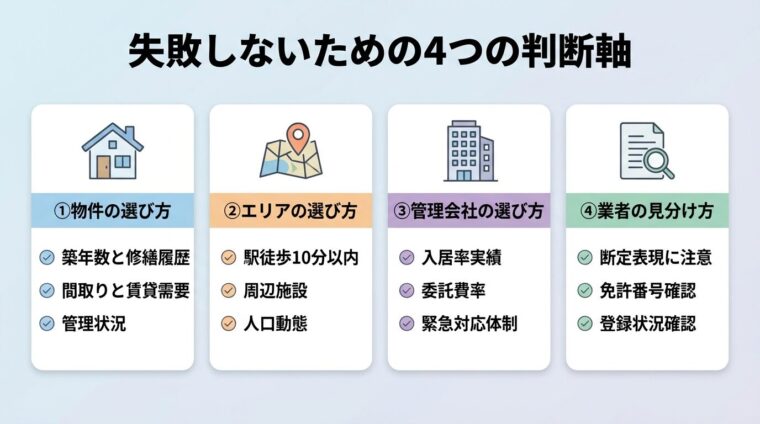 タイトル: 失敗しないための4つの判断軸。横並び4カード構成。カード1（家アイコン）: ①物件の選び方、チェック項目: 築年数と修繕履歴・間取りと賃貸需要・管理状況。カード2（地図アイコン）: ②エリアの選び方、チェック項目: 駅徒歩10分以内・周辺施設・人口動態。カード3（ビルアイコン）: ③管理会社の選び方、チェック項目: 入居率実績・委託費率・緊急対応体制。カード4（書類アイコン）: ④業者の見分け方、チェック項目: 断定表現に注意・免許番号確認・登録状況確認。