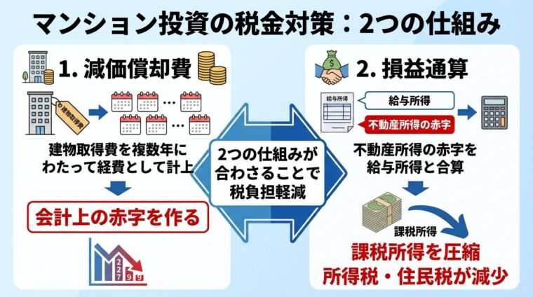 マンション投資の税金対策の2つの仕組みを示す図解。左側: 減価償却費(建物取得費を複数年にわたって経費として計上 → 会計上の赤字を作る)。右側: 損益通算(不動産所得の赤字を給与所得と合算 → 課税所得を圧縮 → 所得税・住民税が減少)。中央に矢印で「2つの仕組みが合わさることで税負担軽減」と示す。