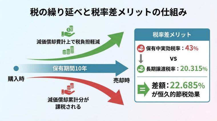 税の繰り延べ構造を示すタイムライン図解。横軸: 時間(購入時→保有期間10年→売却時)。保有期間中: 減価償却費計上で税負担軽減(緑矢印・上向き)。売却時: 減価償却累計分が課税される(赤矢印・下向き)。右端に「税率差メリット」を示すボックス: 保有中実効税率43% vs 長期譲渡税率20.315% = 差額22.685%が恒久的節税効果。タイトル: 税の繰り延べと税率差メリットの仕組み