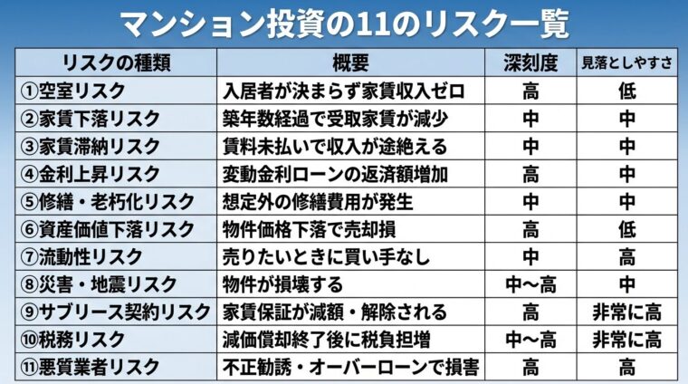 タイトル: マンション投資の11のリスク一覧。表形式。ヘッダー行: リスクの種類 | 概要 | 深刻度 | 見落としやすさ。行1: ①空室リスク | 入居者が決まらず家賃収入ゼロ | 高 | 低。行2: ②家賃下落リスク | 築年数経過で受取家賃が減少 | 中 | 中。行3: ③家賃滞納リスク | 賃料未払いで収入が途絶える | 中 | 中。行4: ④金利上昇リスク | 変動金利ローンの返済額増加 | 高 | 中。行5: ⑤修繕・老朽化リスク | 想定外の修繕費用が発生 | 中 | 中。行6: ⑥資産価値下落リスク | 物件価格下落で売却損 | 高 | 低。行7: ⑦流動性リスク | 売りたいときに買い手なし | 中 | 高。行8: ⑧災害・地震リスク | 物件が損壊する | 中〜高 | 中。行9: ⑨サブリース契約リスク | 家賃保証が減額・解除される | 高 | 非常に高。行10: ⑩税務リスク | 減価償却終了後に税負担増 | 中〜高 | 非常に高。行11: ⑪悪質業者リスク | 不正勧誘・オーバーローンで損害 | 高 | 高