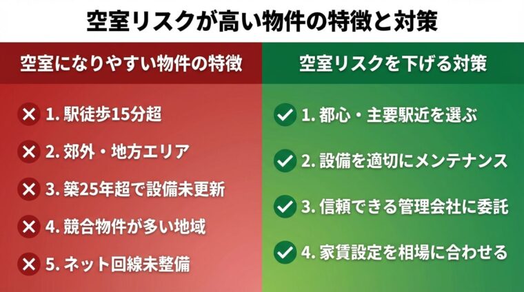 タイトル: 空室リスクが高い物件の特徴と対策。左右2カラムレイアウト。左カラム(赤背景): 空室になりやすい物件の特徴。箇条書き: 駅徒歩15分超、郊外・地方エリア、築25年超で設備未更新、競合物件が多い地域、ネット回線未整備。右カラム(緑背景): 空室リスクを下げる対策。箇条書き: 都心・主要駅近を選ぶ、設備を適切にメンテナンス、信頼できる管理会社に委託、家賃設定を相場に合わせる