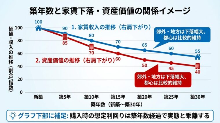 タイトル: 築年数と家賃下落・資産価値の関係イメージ。折れ線グラフ。横軸: 築年数(新築〜築30年)。2本の折れ線: 1本目(青): 家賃収入の推移(右肩下がり)、2本目(赤): 資産価値の推移(右肩下がり)。注釈: 郊外・地方は下落幅大、都心は比較的維持。グラフ下部に補足: 購入時の想定利回りは築年数経過で実態と乖離する