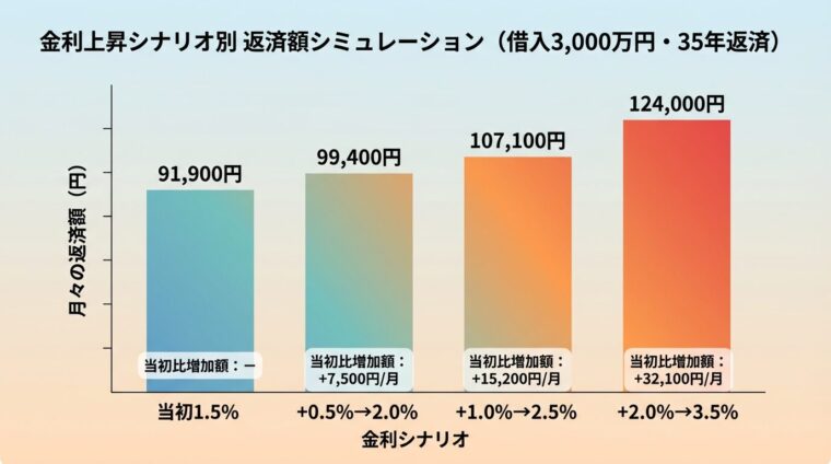 タイトル: 金利上昇シナリオ別 返済額シミュレーション(借入3,000万円・35年返済)。棒グラフ。横軸: 金利シナリオ(当初1.5% / +0.5%→2.0% / +1.0%→2.5% / +2.0%→3.5%)。縦軸: 月々の返済額(円)。各棒の上に数値: 91,900円 / 99,400円 / 107,100円 / 124,000円。当初比増加額の注釈: − / +7,500円/月 / +15,200円/月 / +32,100円/月。背景色: 金利が高いほど棒が赤くなるグラデーション