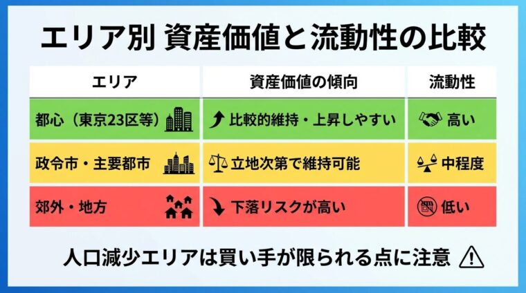 タイトル: エリア別 資産価値と流動性の比較。3列の表。ヘッダー行: エリア | 資産価値の傾向 | 流動性。行1(緑背景): 都心(東京23区等) | 比較的維持・上昇しやすい | 高い。行2(黄背景): 政令市・主要都市 | 立地次第で維持可能 | 中程度。行3(赤背景): 郊外・地方 | 下落リスクが高い | 低い。下部に補足テキスト: 人口減少エリアは買い手が限られる点に注意