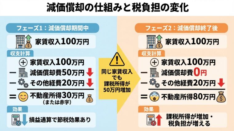 タイトル: 減価償却の仕組みと税負担の変化。2フェーズの比較図。フェーズ1(左): 減価償却期間中。収支計算: 家賃収入100万円 − 減価償却費50万円 − その他経費20万円 = 不動産所得30万円(または赤字)。効果: 損益通算で節税効果あり。フェーズ2(右): 減価償却終了後。収支計算: 家賃収入100万円 − 減価償却費0円 − その他経費20万円 = 不動産所得80万円。効果: 課税所得が増加・税負担が増える。中央に矢印と注意アイコン: 同じ家賃収入でも課税所得が50万円増加