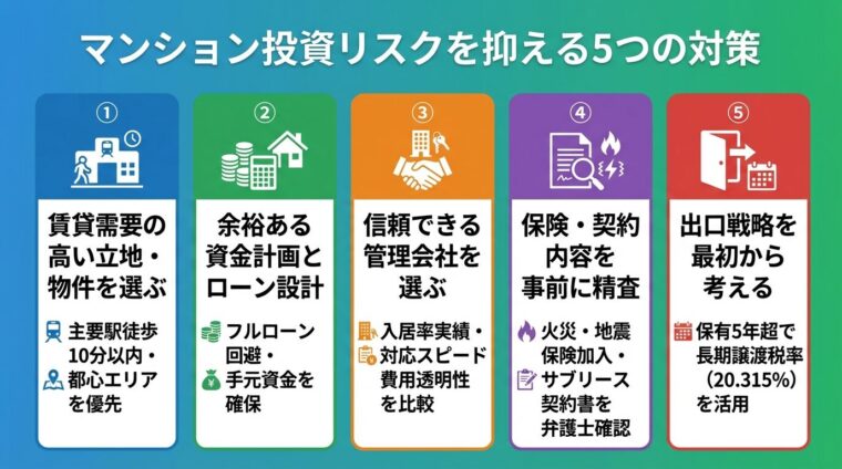タイトル: マンション投資リスクを抑える5つの対策。縦並び5つのカード。カード1(青): ①賃貸需要の高い立地・物件を選ぶ。対策: 主要駅徒歩10分以内・都心エリアを優先。カード2(緑): ②余裕ある資金計画とローン設計。対策: フルローン回避・手元資金を確保。カード3(オレンジ): ③信頼できる管理会社を選ぶ。対策: 入居率実績・対応スピード・費用透明性を比較。カード4(紫): ④保険・契約内容を事前に精査。対策: 火災・地震保険加入・サブリース契約書を弁護士確認。カード5(赤): ⑤出口戦略を最初から考える。対策: 保有5年超で長期譲渡税率(20.315%)を活用