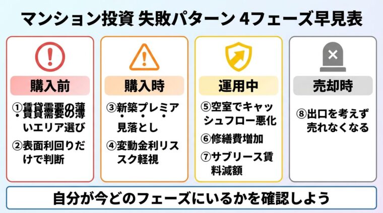 タイトル: マンション投資 失敗パターン 4フェーズ早見表。横並び4カード構成: カード1（購入前）赤いアイコン、内容: ①賃貸需要の薄いエリア選び ②表面利回りだけで判断。カード2（購入時）オレンジのアイコン、内容: ③新築プレミアム見落とし ④変動金利リスク軽視。カード3（運用中）黄色のアイコン、内容: ⑤空室でキャッシュフロー悪化 ⑥修繕費増加 ⑦サブリース賃料減額。カード4（売却時）グレーのアイコン、内容: ⑧出口を考えず売れなくなる。下部に注釈: 自分が今どのフェーズにいるかを確認しよう