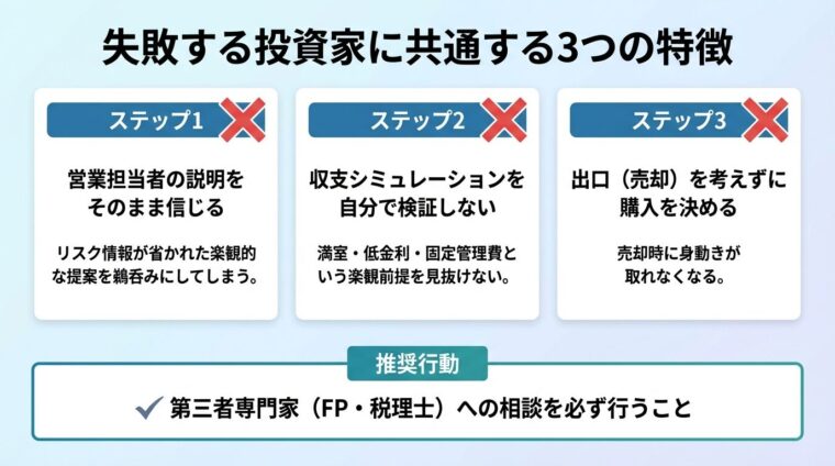 タイトル: 失敗する投資家に共通する3つの特徴。縦並び3ステップ形式: ステップ1（赤バツアイコン）「営業担当者の説明をそのまま信じる」&rarr; リスク情報が省かれた楽観的な提案を鵜呑みにしてしまう。ステップ2（赤バツアイコン）「収支シミュレーションを自分で検証しない」&rarr; 満室・低金利・固定管理費という楽観前提を見抜けない。ステップ3（赤バツアイコン）「出口（売却）を考えずに購入を決める」&rarr; 売却時に身動きが取れなくなる。下部に推奨行動: 第三者専門家（FP・税理士）への相談を必ず行うこと