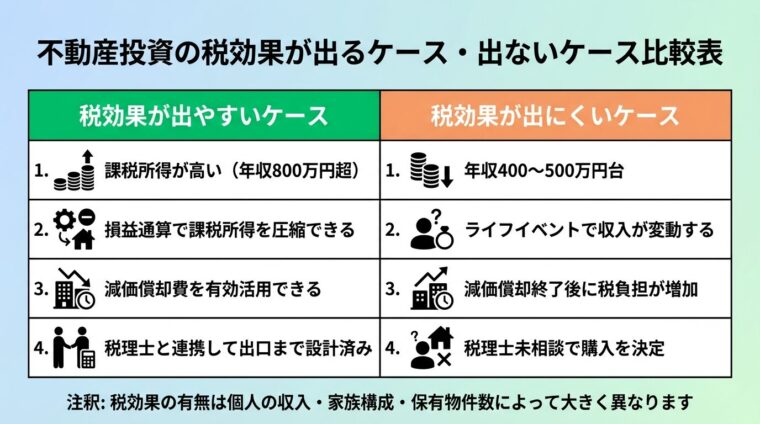 タイトル: 不動産投資の税効果が出るケース・出ないケース比較表。2列の表: ヘッダー行: 税効果が出やすいケース | 税効果が出にくいケース。行1: 課税所得が高い（年収800万円超） | 年収400〜500万円台。行2: 損益通算で課税所得を圧縮できる | ライフイベントで収入が変動する。行3: 減価償却費を有効活用できる | 減価償却終了後に税負担が増加。行4: 税理士と連携して出口まで設計済み | 税理士未相談で購入を決定。下部に注釈: 税効果の有無は個人の収入・家族構成・保有物件数によって大きく異なります