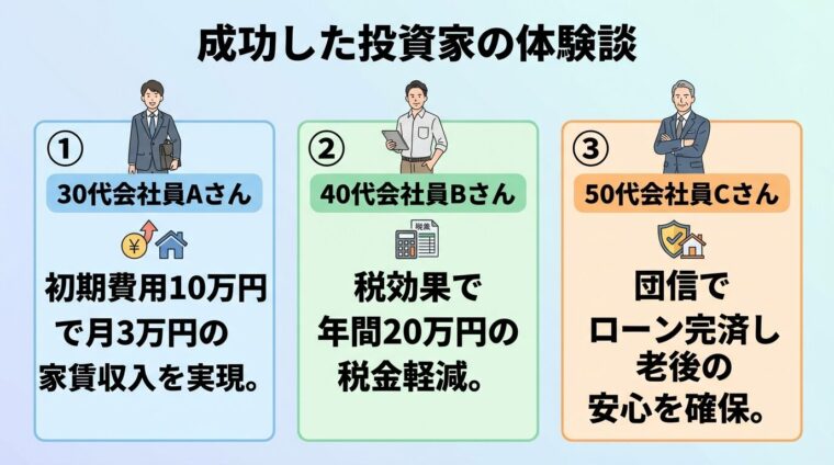 タイトル: 成功した投資家の体験談。横並び3カードで: カード1（30代会社員のアイコン）ヘッダー: 30代会社員Aさん、説明: 初期費用10万円で月3万円の家賃収入を実現。カード2（40代会社員のアイコン）ヘッダー: 40代会社員Bさん、説明: 税効果で年間20万円の税金軽減。カード3（50代会社員のアイコン）ヘッダー: 50代会社員Cさん、説明: 団信でローン完済し老後の安心を確保