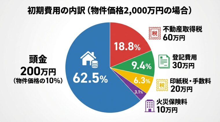 タイトル: 初期費用の内訳（物件価格2,000万円の場合）。円グラフで: 頭金200万円（10%）、登記費用30万円、不動産取得税60万円、印紙税・手数料20万円、火災保険料10万円。各項目を色分けし、パーセンテージを表示