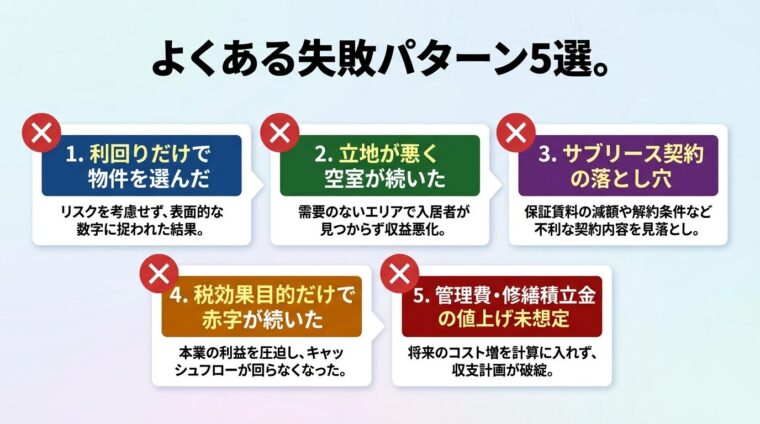 タイトル: よくある失敗パターン5選。縦並び5カードで: カード1（&times;印のアイコン）利回りだけで物件を選んだ、カード2（&times;印のアイコン）立地が悪く空室が続いた、カード3（&times;印のアイコン）サブリース契約の落とし穴、カード4（&times;印のアイコン）税効果目的だけで赤字が続いた、カード5（&times;印のアイコン）管理費・修繕積立金の値上げ未想定