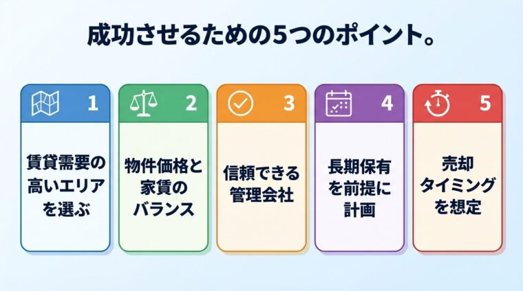 タイトル: 成功させるための5つのポイント。横並び5カードで: カード1（地図のアイコン）賃貸需要の高いエリアを選ぶ、カード2（天秤のアイコン）物件価格と家賃のバランス、カード3（チェックマークのアイコン）信頼できる管理会社、カード4（カレンダーのアイコン）長期保有を前提に計画、カード5（タイミングのアイコン）売却タイミングを想定