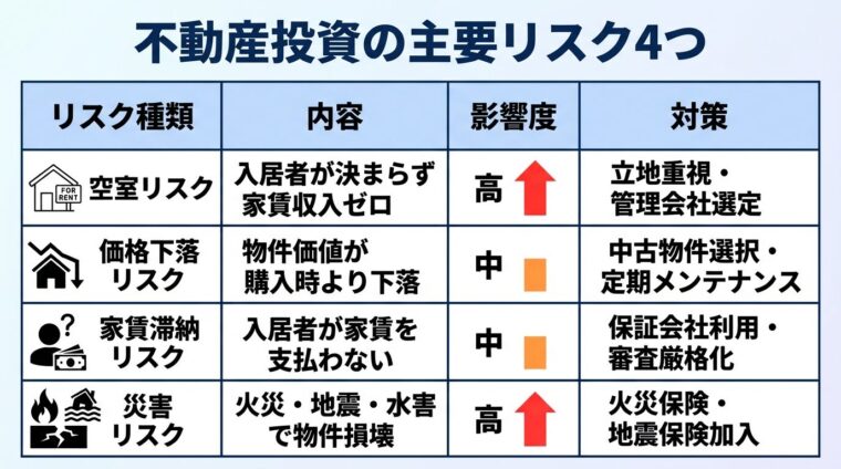 タイトル: 不動産投資の主要リスク4つ。4列の表形式で: ヘッダー行: リスク種類 | 内容 | 影響度 | 対策。行1: 空室リスク | 入居者が決まらず家賃収入ゼロ | 高 | 立地重視・管理会社選定。行2: 価格下落リスク | 物件価値が購入時より下落 | 中 | 中古物件選択・定期メンテナンス。行3: 家賃滞納リスク | 入居者が家賃を支払わない | 中 | 保証会社利用・審査厳格化。行4: 災害リスク | 火災・地震・水害で物件損壊 | 高 | 火災保険・地震保険加入